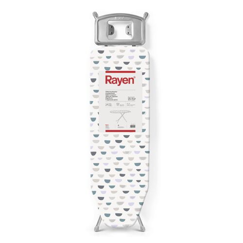 Rayen Planche à repasser - Gamme Basic Hauteur rEglable Maille mEtallique Repose-plaque chauffante Structure grise et couverture imprimEe en blanc Dimensions : 120 x 38 cm
