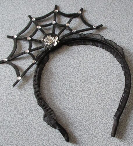 Serre-Tête En Dentelle Motif Rose Métallique Argentée Et Toile D'araignée Pour Halloween - Noir Avec Petites Pierres Brillantes