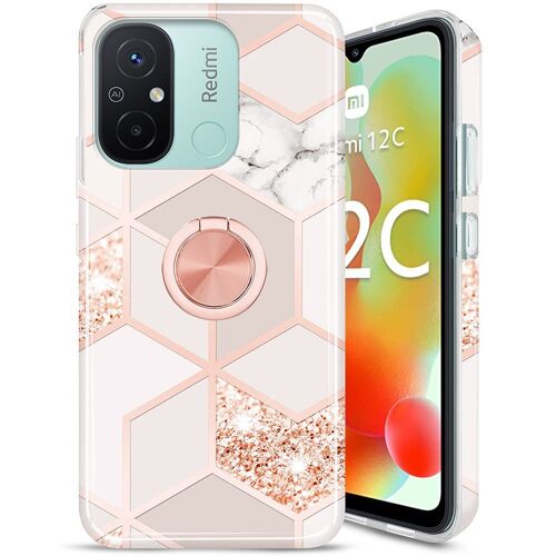 Coque pour Xiaomi Redmi 12C (pas pour Redmi 12) - Silicone Couleur Rose Marbre avec Anneau Support - E.F.Connection