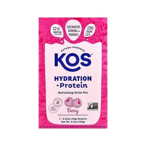 Kos, Hydratation + Protéines, Mélange À Boire Rafraîchissant, Baies, 7 Sachets, 18 G Chacun 