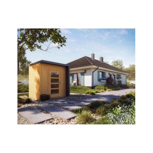 Abri De Jardin Moderne Bratek À Bardeau Noir 203,8x201,9 H. 229 Cm Coloris Chêne Porte En Verre--