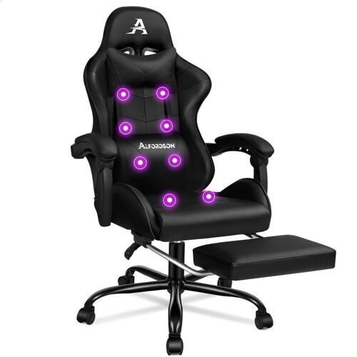 ALFORDSON Chaise de massage de gaming avec appuie-tête, ergonomique, repose-pieds pliable, cuir synthétique respirant, hauteur réglable, capacité de charge de 180 kg, noir