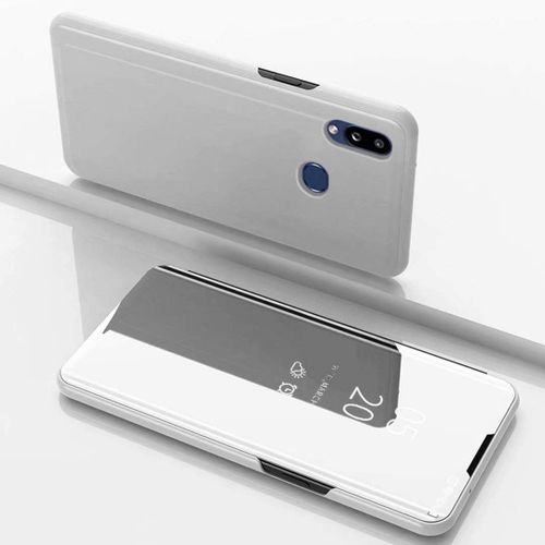Coque Samsung Galaxy A10 Flip Clear View Translucide Miroir Cover Standing 360°Housse Étui Antichoc Smart Cover Bumper + Film Verre Trempé 2 Pièce Pour Samsung Galaxy A10 -Argent