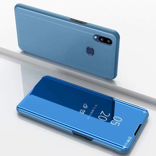 Coque Samsung Galaxy A10 Flip Clear View Translucide Miroir Cover Standing 360°Housse Étui Antichoc Smart Cover Bumper + Film Verre Trempé 2 Pièce Pour Samsung Galaxy A10 -Bleu