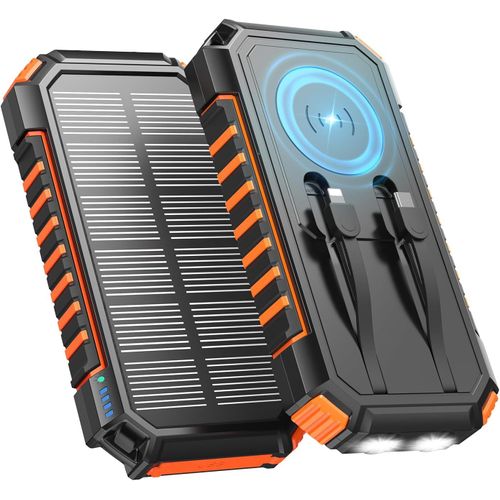 Batterie Solaire 27000mah \U2013 Chargeur Solaire Pd/Qc 3.0 22,5w, Banque D`Énergie Pour 6 Appareils Avec Charge Sans Fil, 2 Câbles Intégrés Et 2 Lampes Led Pour Téléphone Et Tablette Camping