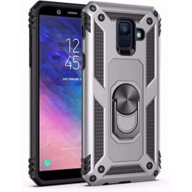 Coque Samsung Galaxy A6 2018 Avec Aimant Anneau Support, 360° Double Couche Renforcée Défense Bumper Antichoc Armure Housse Etui Avec Protection Écran Pour Samsung Galaxy A6 2018, Argent
