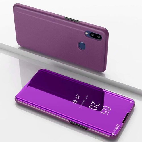 Coque Samsung Galaxy A10 Flip Clear View Translucide Miroir Cover Standing 360°Housse Étui Antichoc Smart Cover Bumper + Film Verre Trempé 2 Pièce Pour Samsung Galaxy A10 -Violet