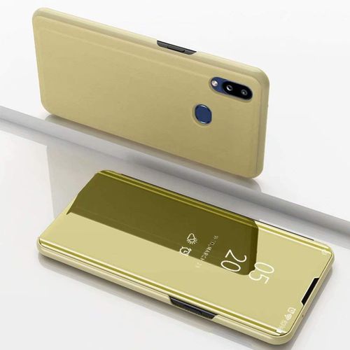Coque Samsung Galaxy A10 Flip Clear View Translucide Miroir Cover Standing 360°Housse Étui Antichoc Smart Cover Bumper + Film Verre Trempé 2 Pièce Pour Samsung Galaxy A10 -Or