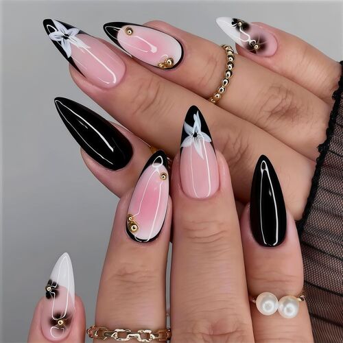 24 Pièces D'ongles En Amande Noir Et Blanc Avec Motif Floral Et Perles Dorées 3d Élégants Pour Ongles Faux French Intégral Pour Femmes De Taille Moyenne Auto-Adhésifs 