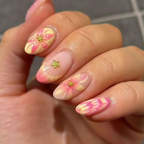 Oayew-24 Pièces Faux Ongles En Forme D'amande, Longueur Moyenne, Décoration Florale Française, Ongles En Acrylique Rose 3d, Brillants, Réutilisables, Couverture Complète, Femme 