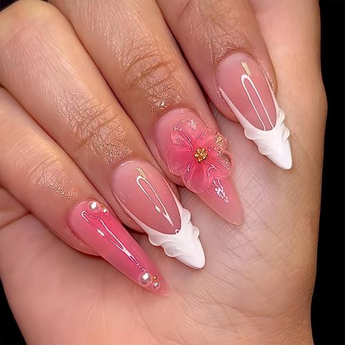 Oayew-24 Pièces D'ongles Stylés En Amande Moyenne Avec Dégradé Rose Élégant Et Accents Floraux Réutilisables Design Français Faux Ongles Pour Femmes 