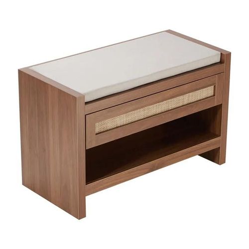 Banc En Rotin-Duoku-30,9 Po-Banc À Chaussures Avec Tiroir De Rangement Et Coussin De Siège En Lin, Rotin Tissé À La Main