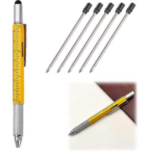 6 In1 Stylo multifonction avec règle Spirit Level Pen Stylet Tournevis Métal Stylo à bille Cadeau Jaune
