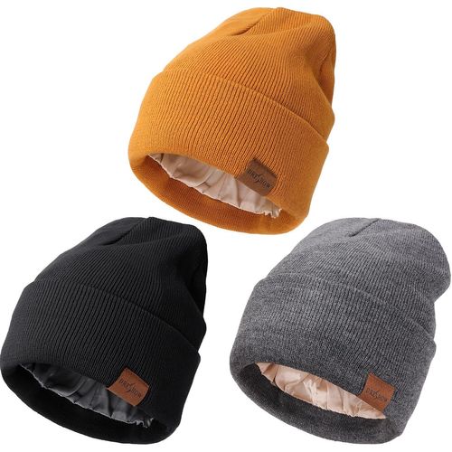 Jexnovashop-Bonnet D'hiver Doublé De Satin Pour Femme Homme Doux Et Chaud Bonnet Hiver Avec Doublure Soyeuse Tricoté Chapeau Avec Satin Doublé Beanie Unisexe