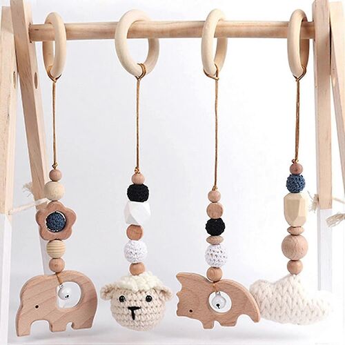 Arche de jeu en bois pour bébés, Jouets de gymnastique pour bébé, Pendentif suspendu pour bébé Trapèze de jeu, Jouets d'activité de gymnastique pour bébé (blanc) 4pcs