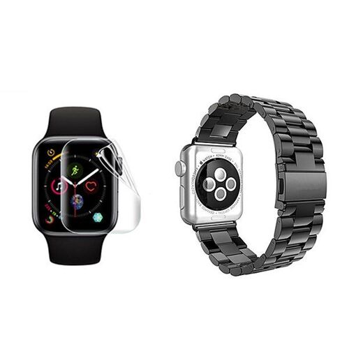 Kit Bracelet Lux En Acier Inoxydable + Outil + Película De Gel Full Cover Para Apple Watch Series 11 - 46mm - Preto / Transparente