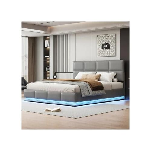 Lit rembourré 180x200 cm, avec éclairage LED et rangement à élévation hydraulique, gris clair