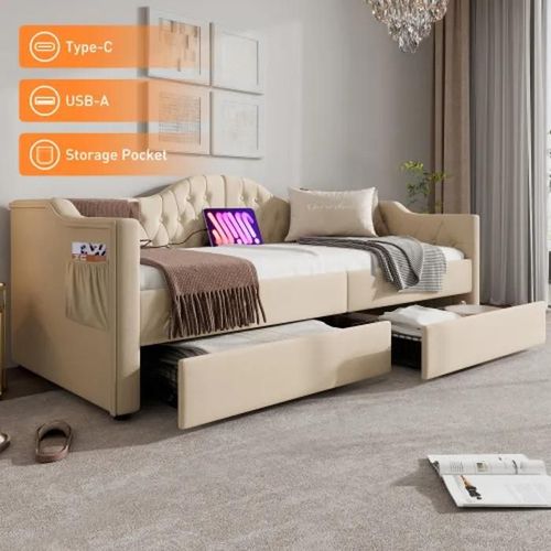 Daybett Lounge Bed Canapé Lit Avec Chargeur Usb Type C Et 2 Tiroirs 90x200 Cm Velours Beige (Sans Matelas)