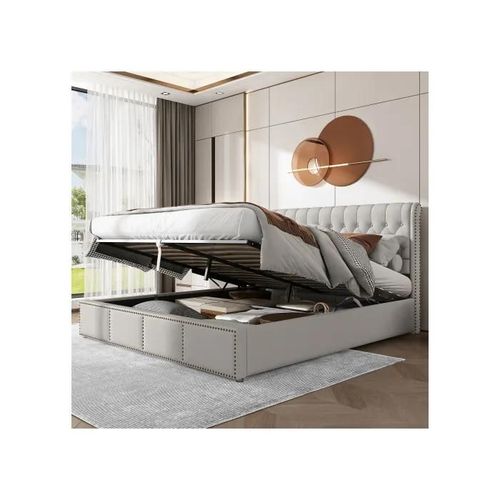 Lit Rembourré En Lin De Coton Avec Tiges Hydrauliques Et Décoration Rivetée, 160 X 200 Cm, Sans Matelas, Gris Clair