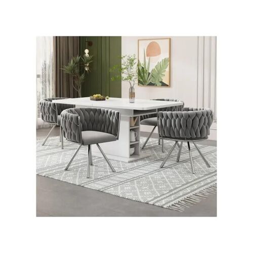 Chaise de salle à manger en velours, ensemble de 4, chaise pivotante décontractée avec quatre pieds en métal, gris + argent