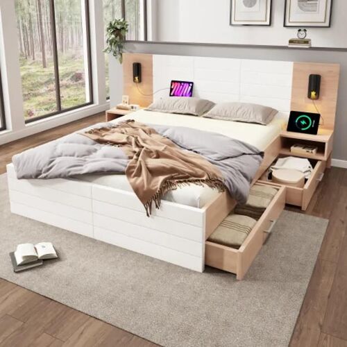 Lit double 140 x 200cm, 2 tiroirs, lampe de chevet, avec fonction de recharge USB, y compris 2 tables de chevet (matelas non inclus)