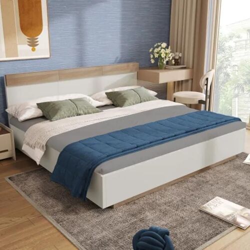 Lit suspendu double en bois avec tête de lit et sommier à lattes - 205x144x90.5 cm, ensemble blanc (sans matelas)