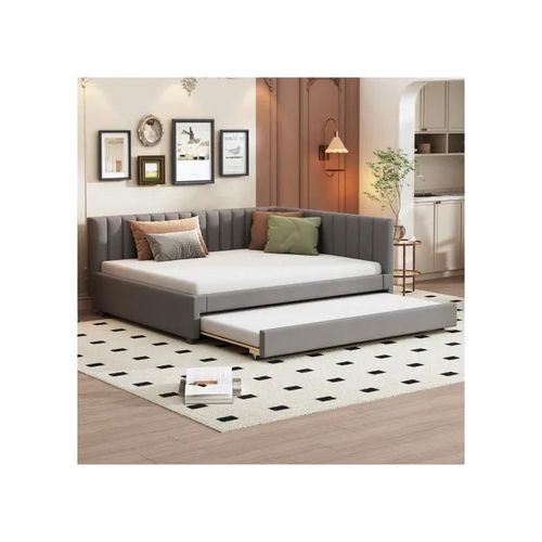 Lit Rembourré 140*200, Canapé-Lit Extensible, Lit Multifonctionnel Avec Sommier À Lattes, Tissu Velours Gris