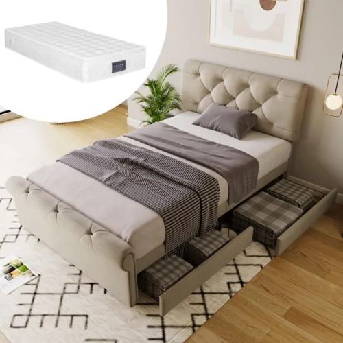 Cadre De Lit Avec 2 Tiroirs, Lit Simple Rembourré 90x200 Cm, Tête De Lit Réglable En Hauteur, Couleur Naturelle, Matelas Inclus