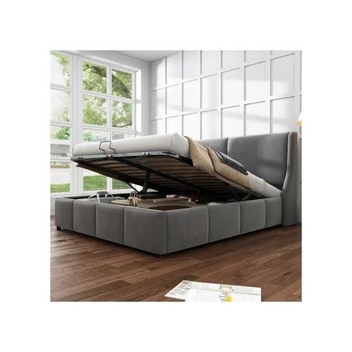 Lit Rembourré,Forme Oreille,Tête De Lit,Lit Double,Lit Fonctionnel Hydraulique,140 X 200,Gris