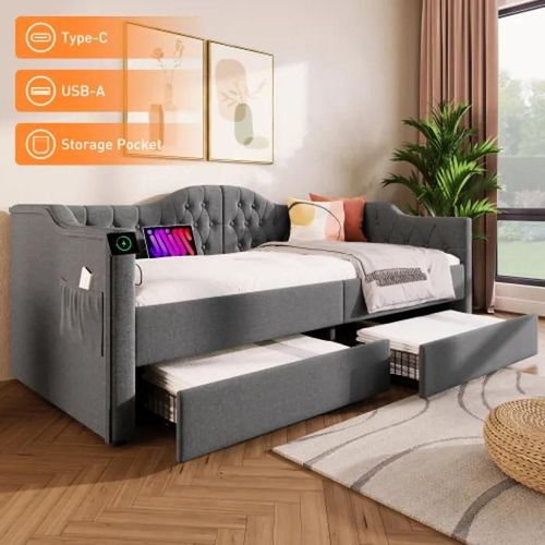 Lounge Bed Cadre De Canapé-Lit Avec Chargeur Usb Type C Et 2 Tiroirs, 90x190 Cm, Gris Lin (Sans Matelas)