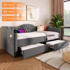 Lounge Bed Cadre De Canapé-Lit Avec Chargeur Usb Type C Et 2 Tiroirs, 90x190 Cm, Gris Lin (Sans Matelas)