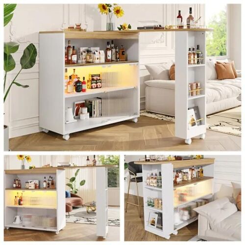 Bar Extensible Avec Rangement, Bar Mobile Moderne, Bar Extensible Avec Led, Blanc (138-204 X 39 X 105 Cm)
