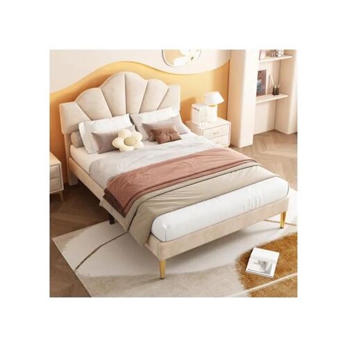 Velours, lit rembourré, 140*190 cm, tête de lit réglable en hauteur, sommier à lattes en bois, beige
