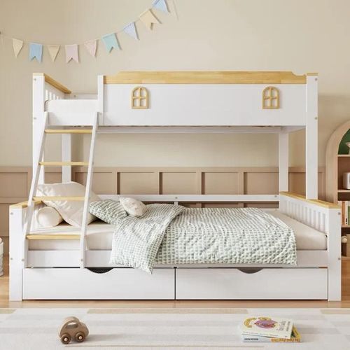 Lit Superposé, Lit D'enfant, Lit D'enfant Avec Toit Et Fenêtre, Pin + Mdf, Blanc + Gris, 90x200 Cm