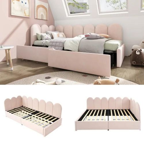 Lit Rembourré Daybett Daybed Canapé-Lit 90x200cm (Avec Sommier À Lattes), Rose (Matelas Non Inclus)
