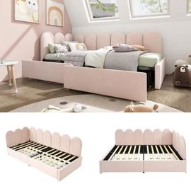 Lit Simple Capitonné Avec Tiroirs Lit De Rangement En Velours Canapé-Lit(90x190cm Avec Sommier À Lattes),Rose(Matelas Non Inclus)