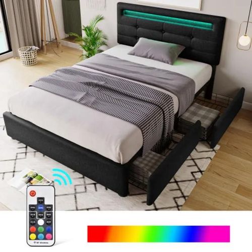 Cadre De Lit Avec Éclairage Led Et 2 Tiroirs, Lit Simple 90x200 Cm, Tête De Lit Réglable En Hauteur, Noir (Sans Matelas)