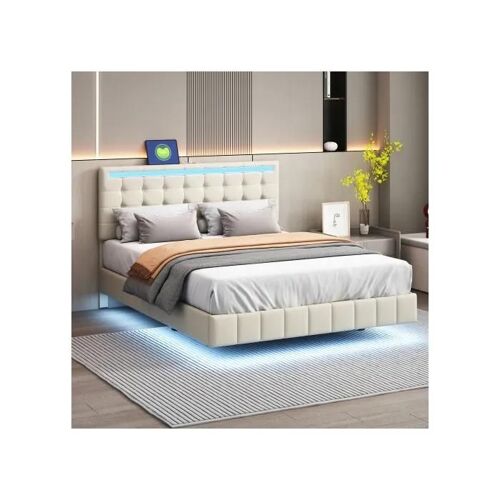 Lit capitonné 140 x 200 cm, cadre flottant capitonné avec éclairage LED et tête de lit design