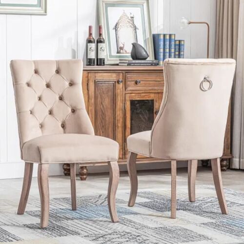 Chaise quadruple, chaise de salle à manger en velours beige avec surpiqûres, structure en bois massif (ensemble de 2)