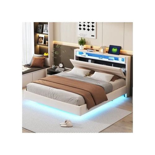 Lit Capitonné 160x200 Cm, Avec Prise Usb Et Éclairage Led, Tête De Lit Réversible, Pied De Lit Dissimulé, Tissu De Lin Beige