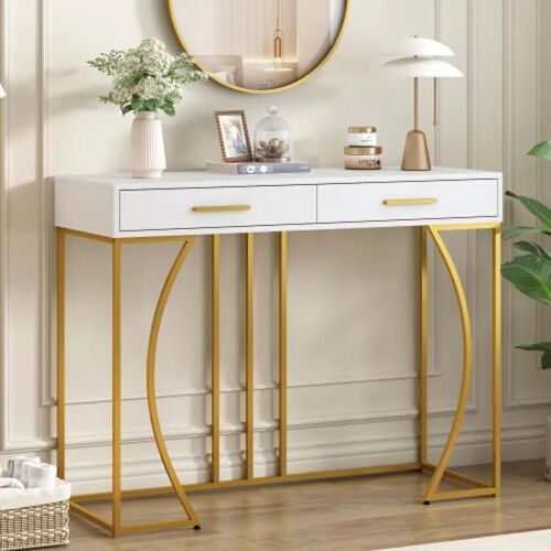 Table de jeu, table de hall avec 2 tiroirs, table basse légère de luxe, table basse, 120x38x76 cm, blanc/doré