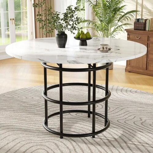Table ronde (100 x 100 x 76 cm), table de cuisine, plateau MDF marbré, pieds noirs