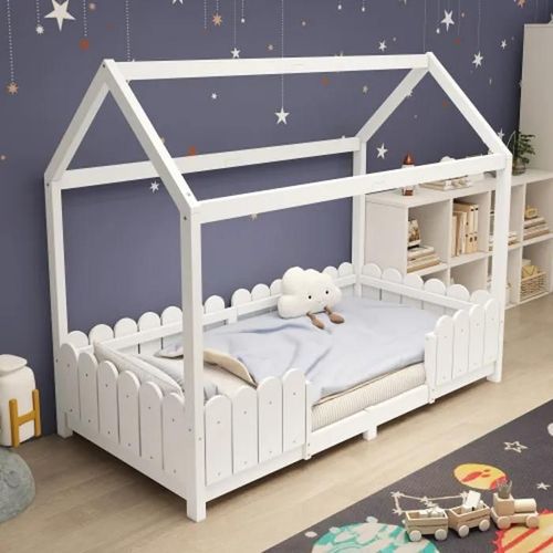 Lits À Usage Domestique 90x200cm Lit D'enfant - Avec Protection Contre Les Chutes Et Sommier À Lattes - Blanc (Matelas Non Inclus)