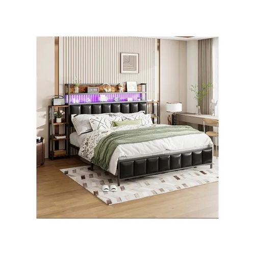 Lit Capitonné 160*200 Cm, Avec Plusieurs Étagères, Avec Éclairage Led, Espace De Rangement Dans La Tête De Lit, Noir