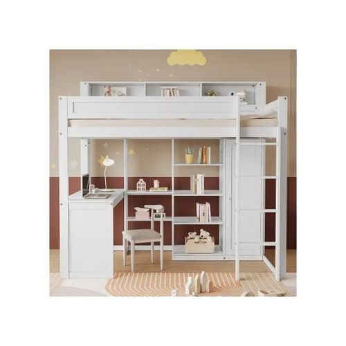 Lit Superposé Avec Table Et Armoire, Avec Rail De Retenue, Avec Étagères Et Quatre Échelles, Pin + Mdf + Liège, Blanc, 90x200cm