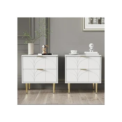Table De Nuit Moderne Avec Pieds Et Poignées Dorés, Motif Floral, Lot De 2 Avec 2 Tiroirs, 50l*40p*54h Cm, Blanc