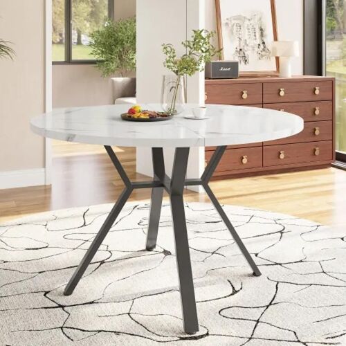 Table de salle à manger ronde en marbre (1 mètre de diamètre), table basse noire en X avec supports métalliques