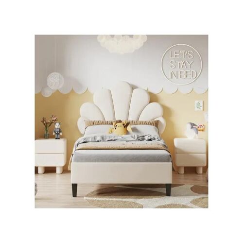 Lit d'enfant capitonné 90 x 200 cm, cadre de lit avec tête de lit fleurie et sommier à lattes, lit d'invité (couleur : beige)