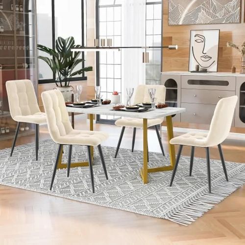 Table De Salle À Manger 117 Cm Avec 4 Chaises, Table De Salle À Manger Rectangulaire, Chaises De Salle À Manger En Velours Beige