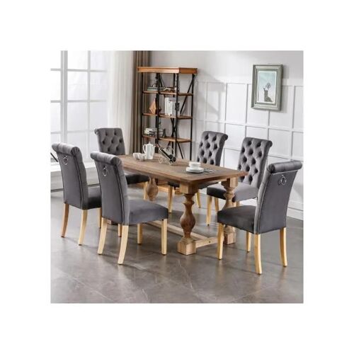 Ensemble De 6 Chaises De Salle À Manger En Velours Avec Pieds En Chêne, Poignées Et Boutons Chromés Gris